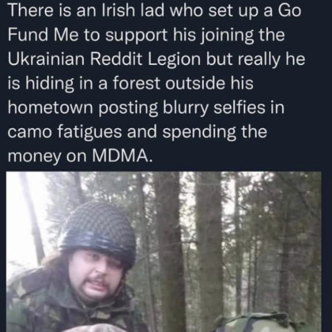 Screenshot of a story about a man conning those who crowdfund foreign volunteers in Ukraine, unconfirmed story but funny meme.