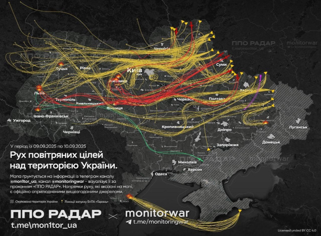 Russian drone and misslie strike map, 2025 September 10