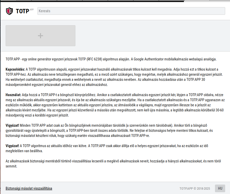 Screenshot of the totp.app, text in Hungarian