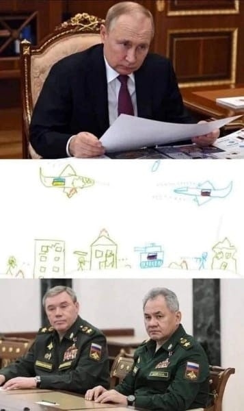 Funny meme of Putin holding the war plan presented by Gerasimov and Shoigu, which appears to be a child's drawing.